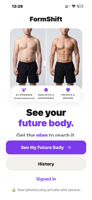 FormShift welcome screen on iPhone showing an illustrative before-and-after physique preview